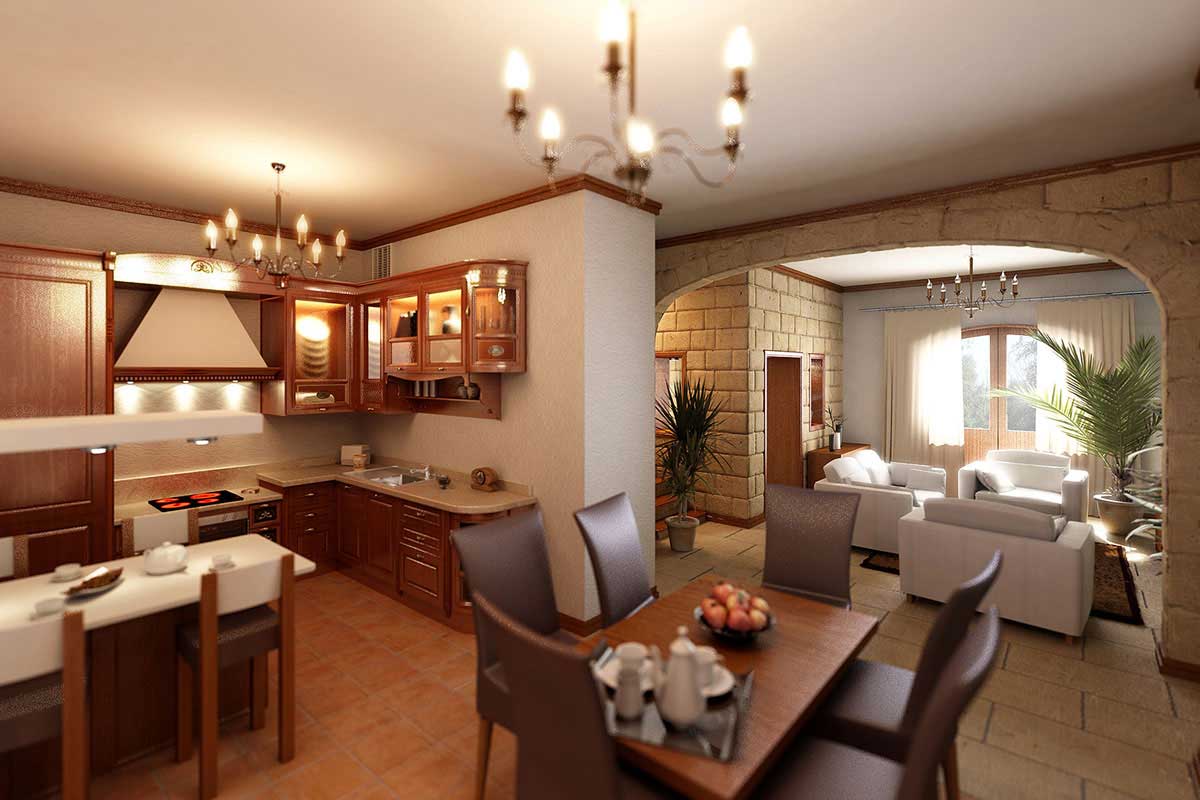 Кухня-гостиная для квартиры в классическом стиле интерьера