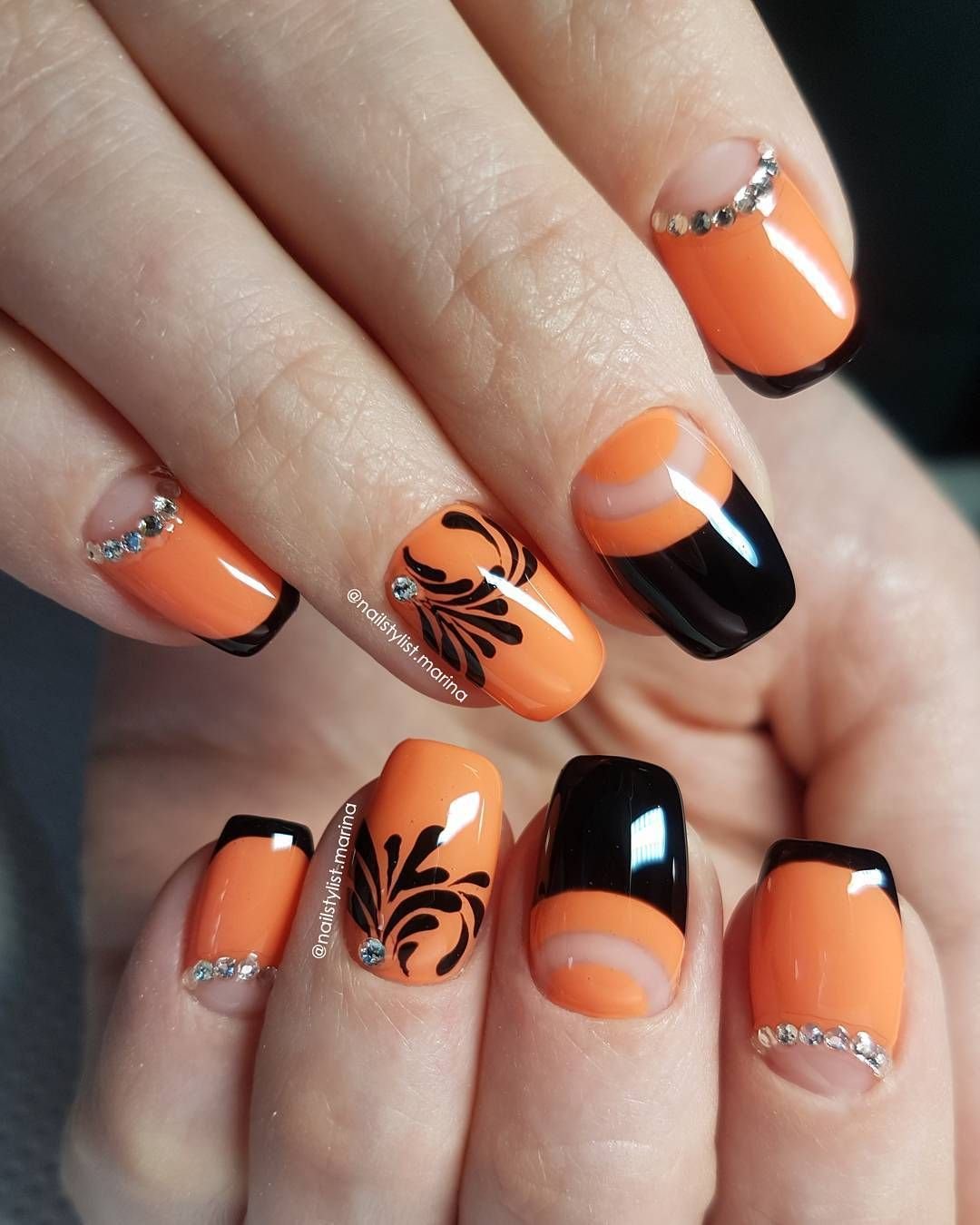 Оранжевые ногти, дизайн маникюра, модный с оранжевыми цветами 2021