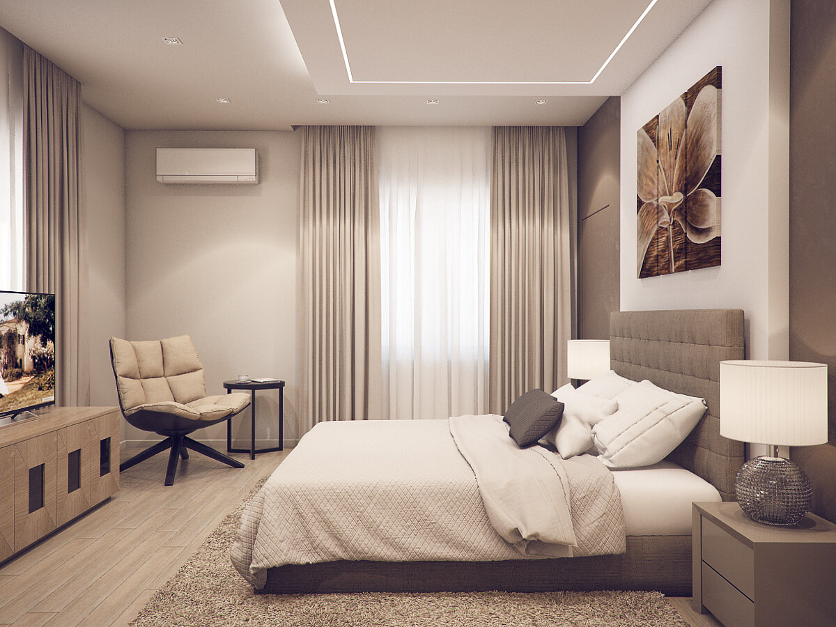 Интерьер-дизайн спальни 15 кв. метра, современный стиль