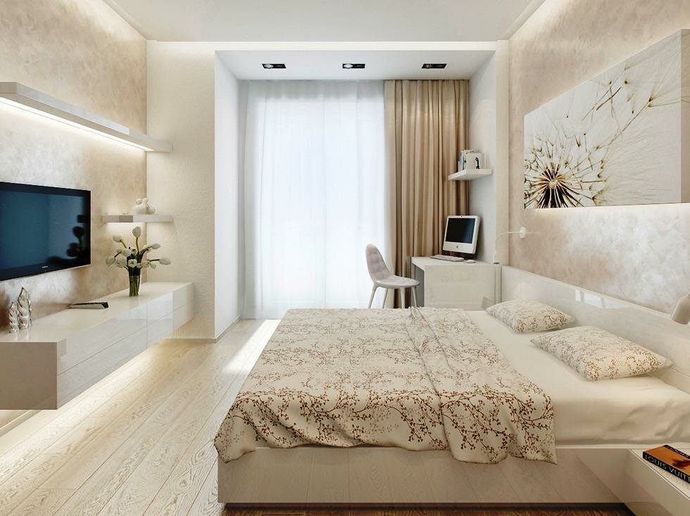 Интерьер-дизайн спальни 16 кв. метра, модный стиль комнаты