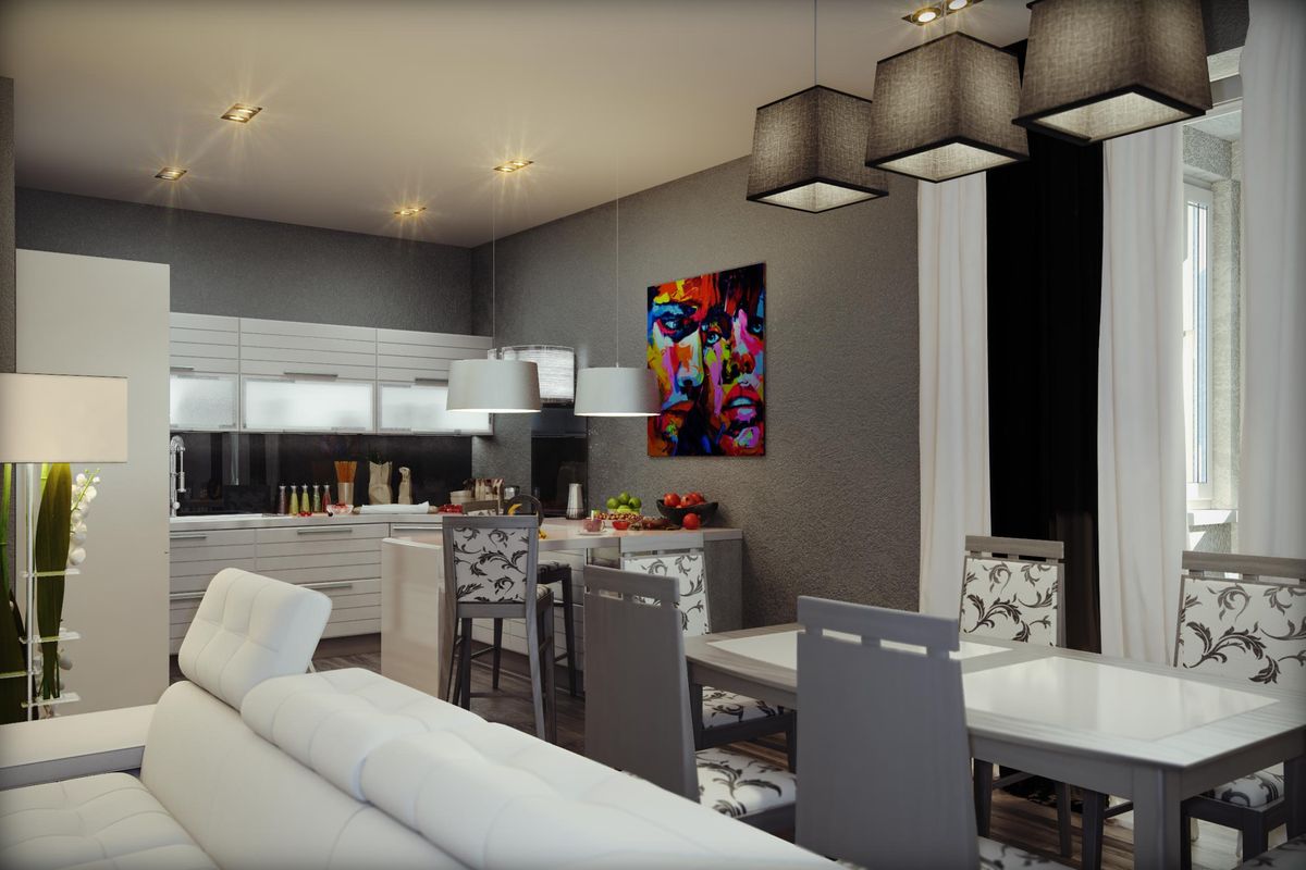 Кухня-гостиная для квартиры в модном стиле интерьер-дизайна