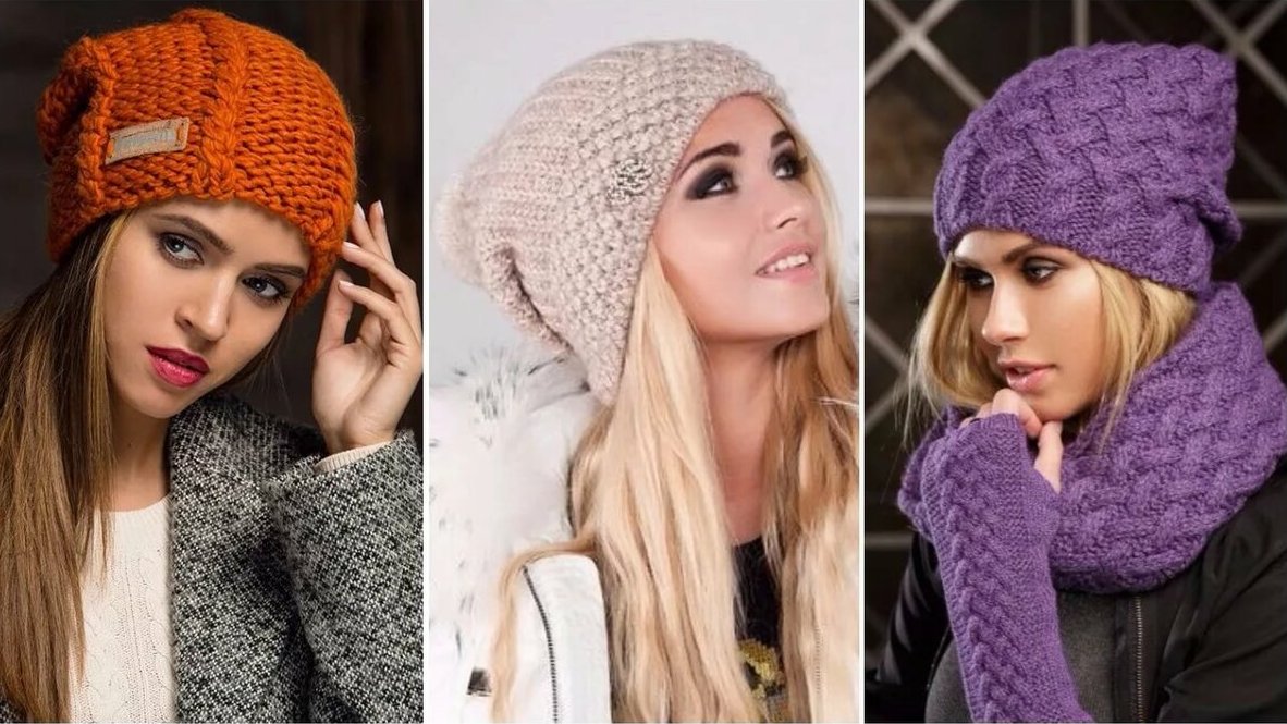 Мода вязанных шапок 2024, вяжем спицами модели женских шапочек, описание вязания