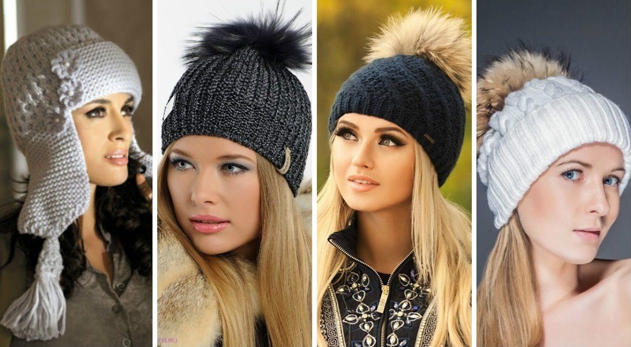 Модные вязанные спицами женские шапки 2024, описание моделей шапочек