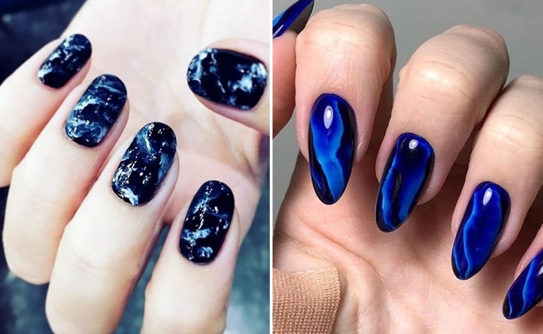 Синий дизайн маникюра ногтей, новинки синего цвета, с модными гель-лаком 2021